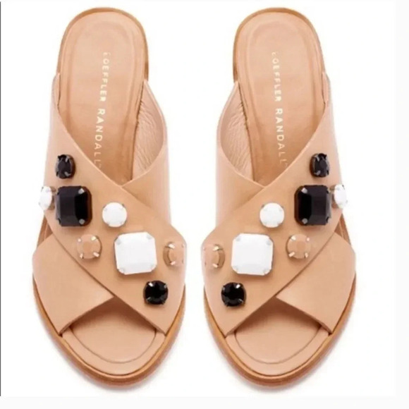 Loeffler Randall Etta Tan Leather Jeweled Block Heel Open Peep Toe Mules Size 11 - Picture 2 of 10